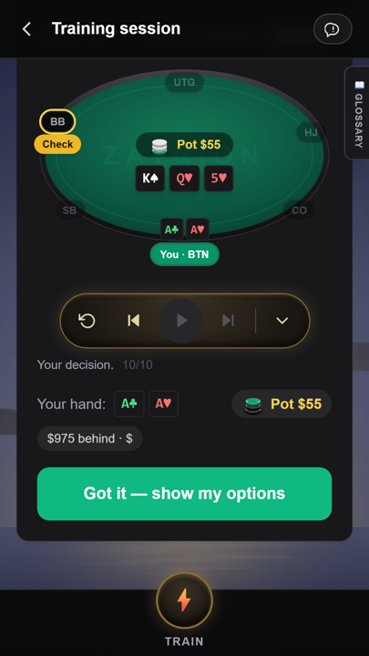Zayrion poker trainer screenshot: Play a real spot. Button with A♣A♥ on K♠Q♥5♥, big blind checks to you. Make the decision, then see the solver’s.