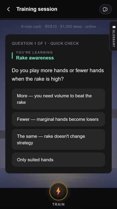Zayrion poker trainer screenshot: Lessons that stick. Quick checks after every lesson, like “more hands or fewer when the rake is high?”
