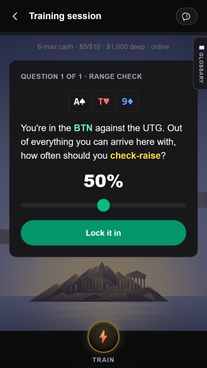 Zayrion poker trainer screenshot: Range checks. Button against UTG: out of everything you can arrive here with, how often should you check-raise?